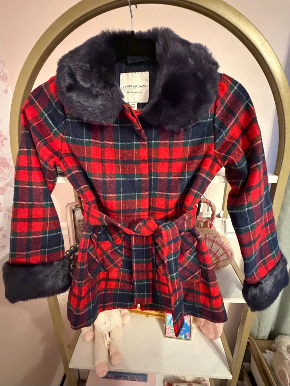 Janie and Jack Red and Navy Tartan Pea Coat with Faux Fur Trim. Size 7-8 girls